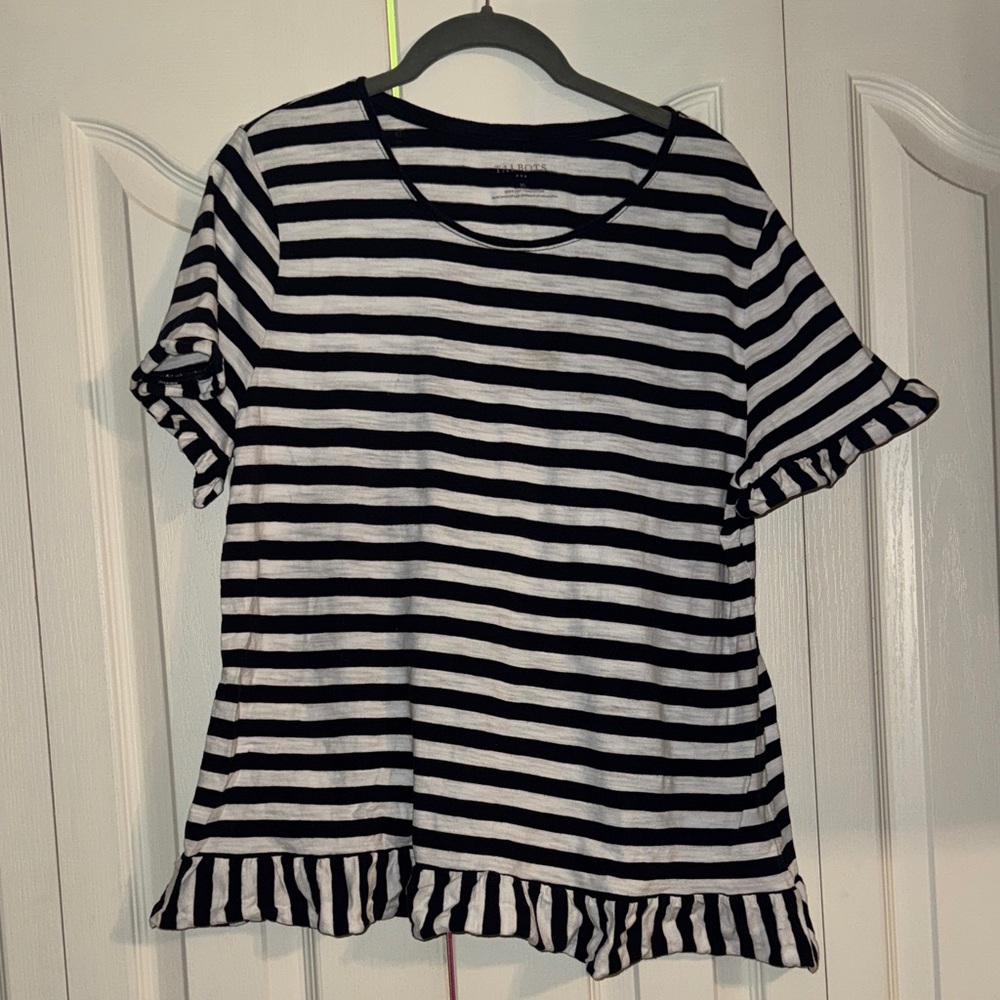 Talbots Black and White Striped Short Sleeve Top